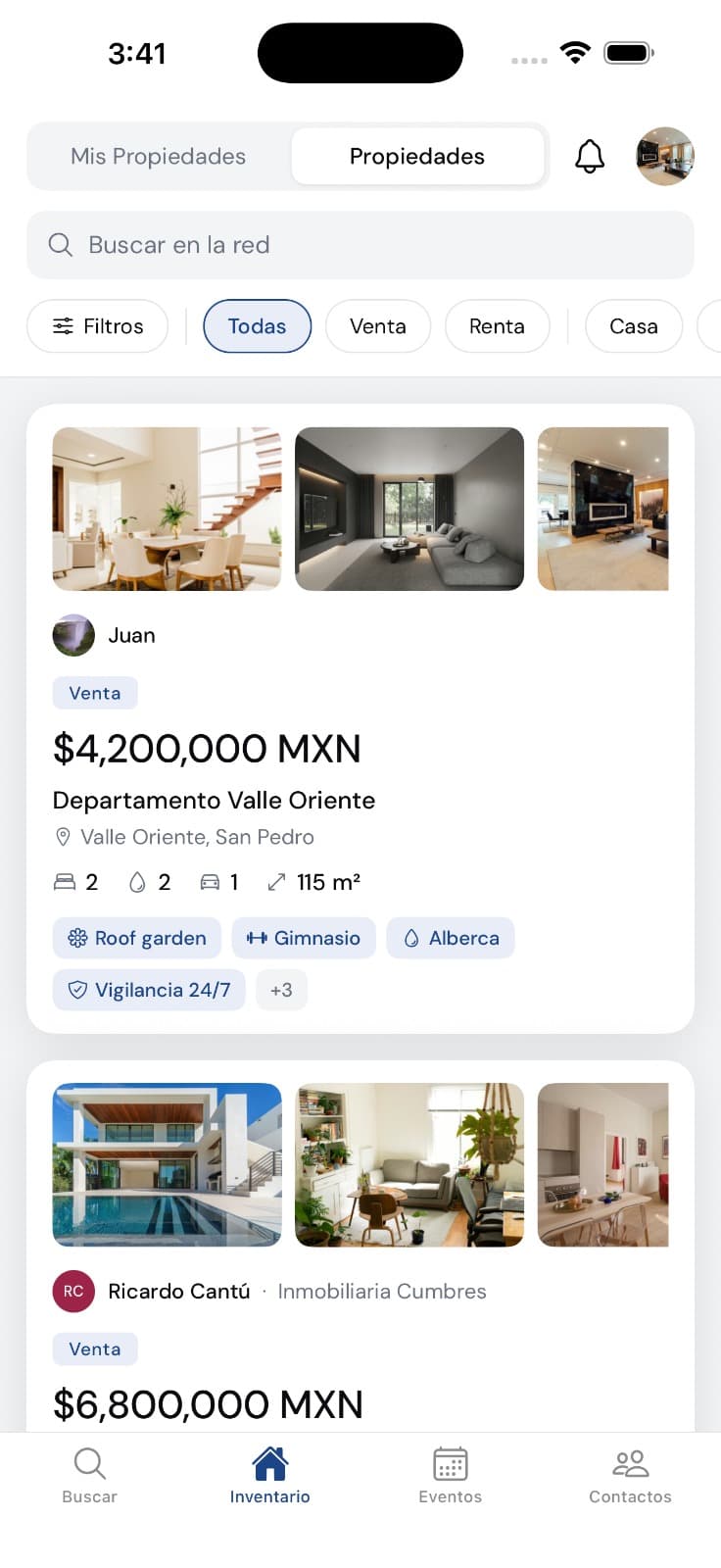 App de Propia mostrando el feed de propiedades en venta y renta